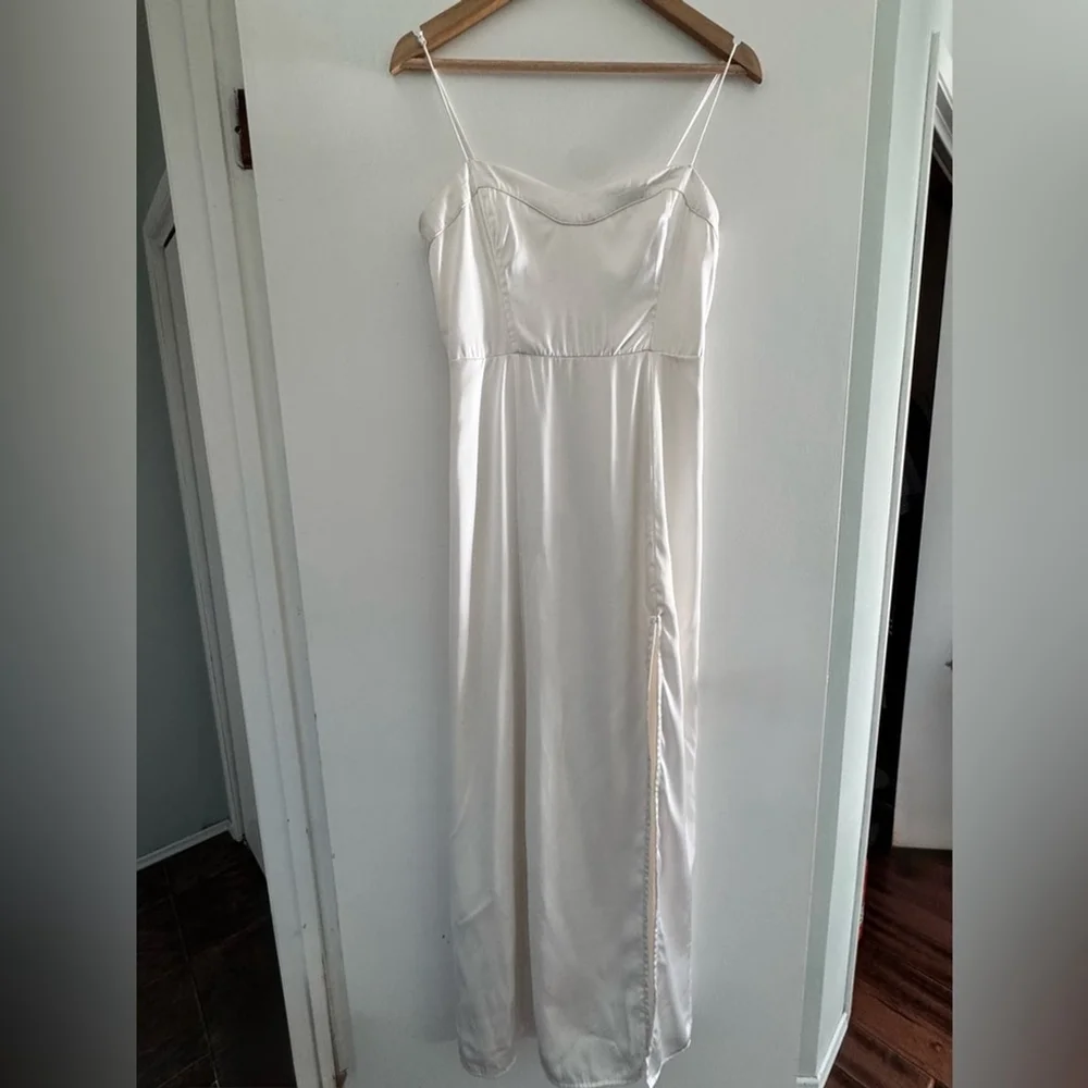 Y2K Satin Slip Dress | Ivory Spaghetti Strap Maxi Minimalist